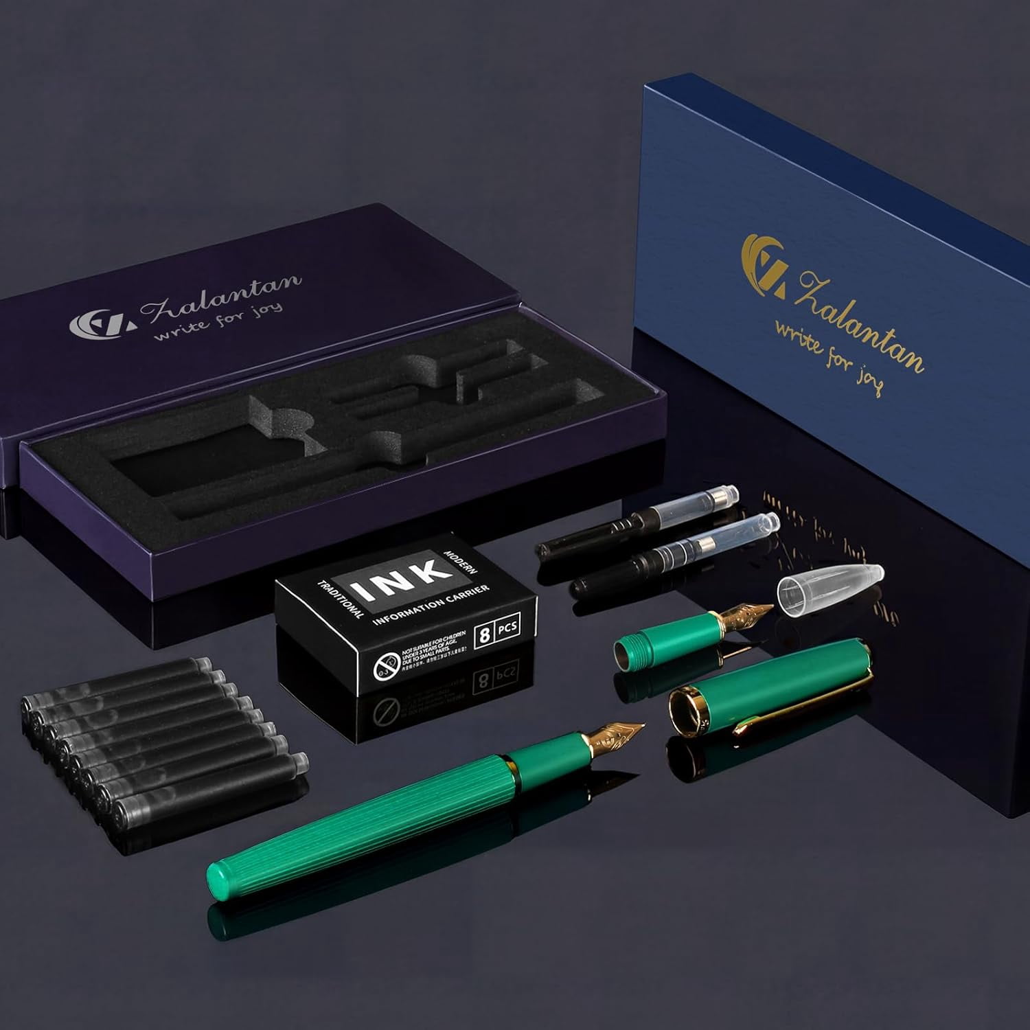 Fountain Pen,Elegant Pens with 2 Nib(F/EF) 8 cartridges convertes,Fancy Pen for Journaling,Nice Writing,Calligraphy Pen,Writing Gift Case(Green)