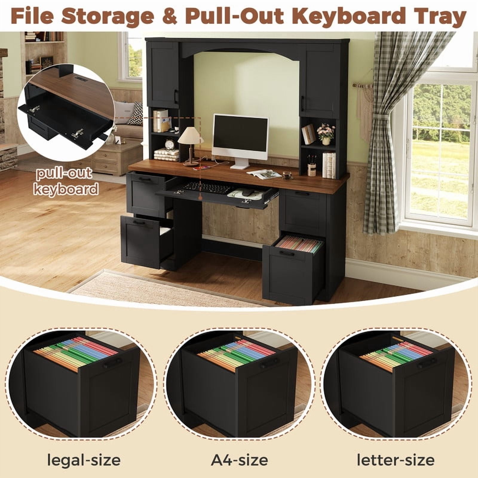 Howcool 68.6"H Farmhouse Arched Computer Desk with Hutch, Workstation with Built-In Charging Station, Keyboard Tray, All-in-One Writing Desk with File Drawer for Home Office