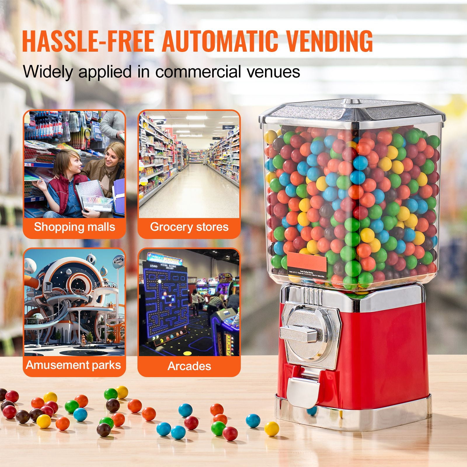 6.8L Candy Vending Machine with 25-Cent Coin Operation, Adjustable Candy Wheel, PC Jar, Metallic ABS Body for Gumballs Bouncy Balls