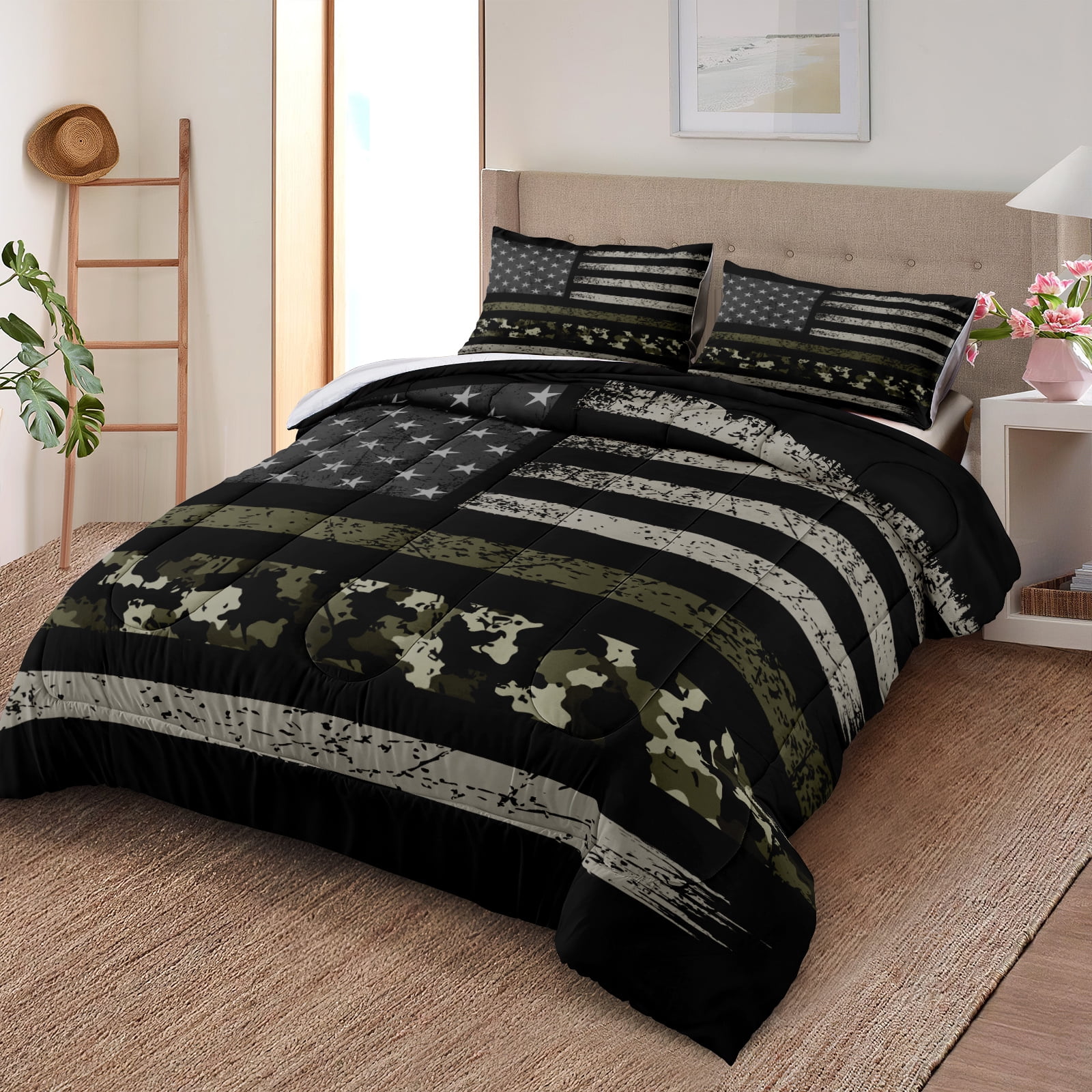 MOVE OVER Camo Bedding American Flag Comforter Set Queen Military Camo Flag Pattern Soft Microfiber Filling Quilt