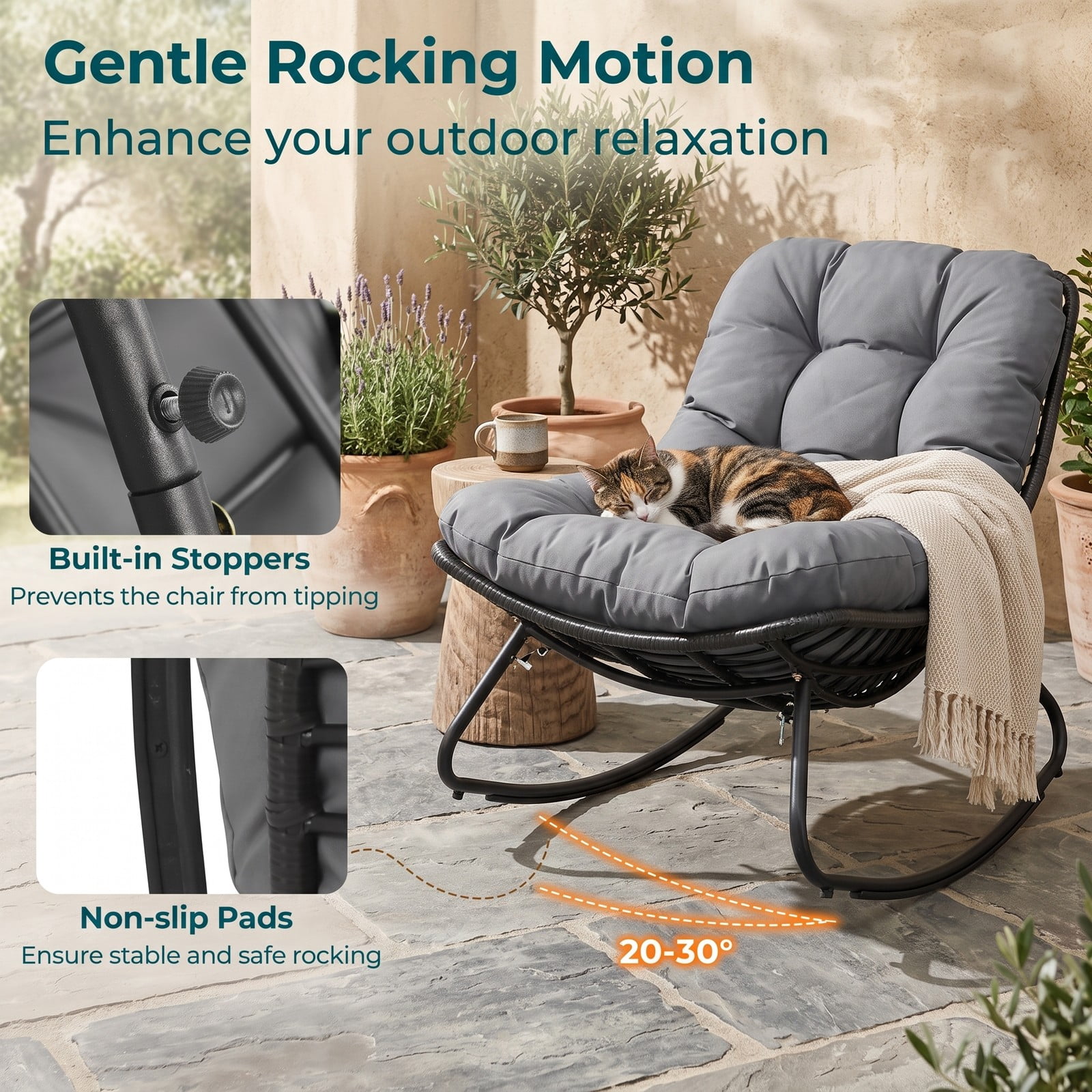 Furnibear Outdoor Papasan Rocking Chair with Thick Removable Cushion and Non-Slip Pads for Oversized Patio and Backyard Comfort, Gray