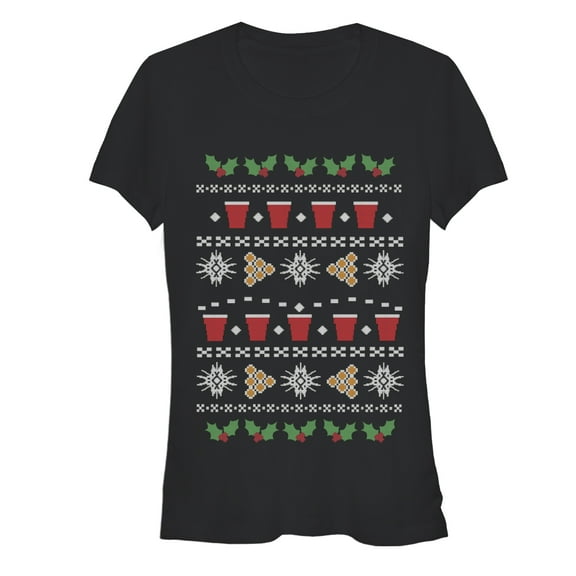 Junior's Lost Gods Ugly Christmas Pong  Graphic Tee Black Small