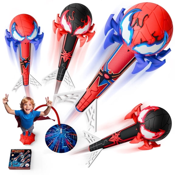 Waopuil Spider Rocket Launcher for Kids - 4 Rocket Set with Web Pump, Stomp Launch Outdoor Toy, Fun Birthday Gift for Boys & Girls