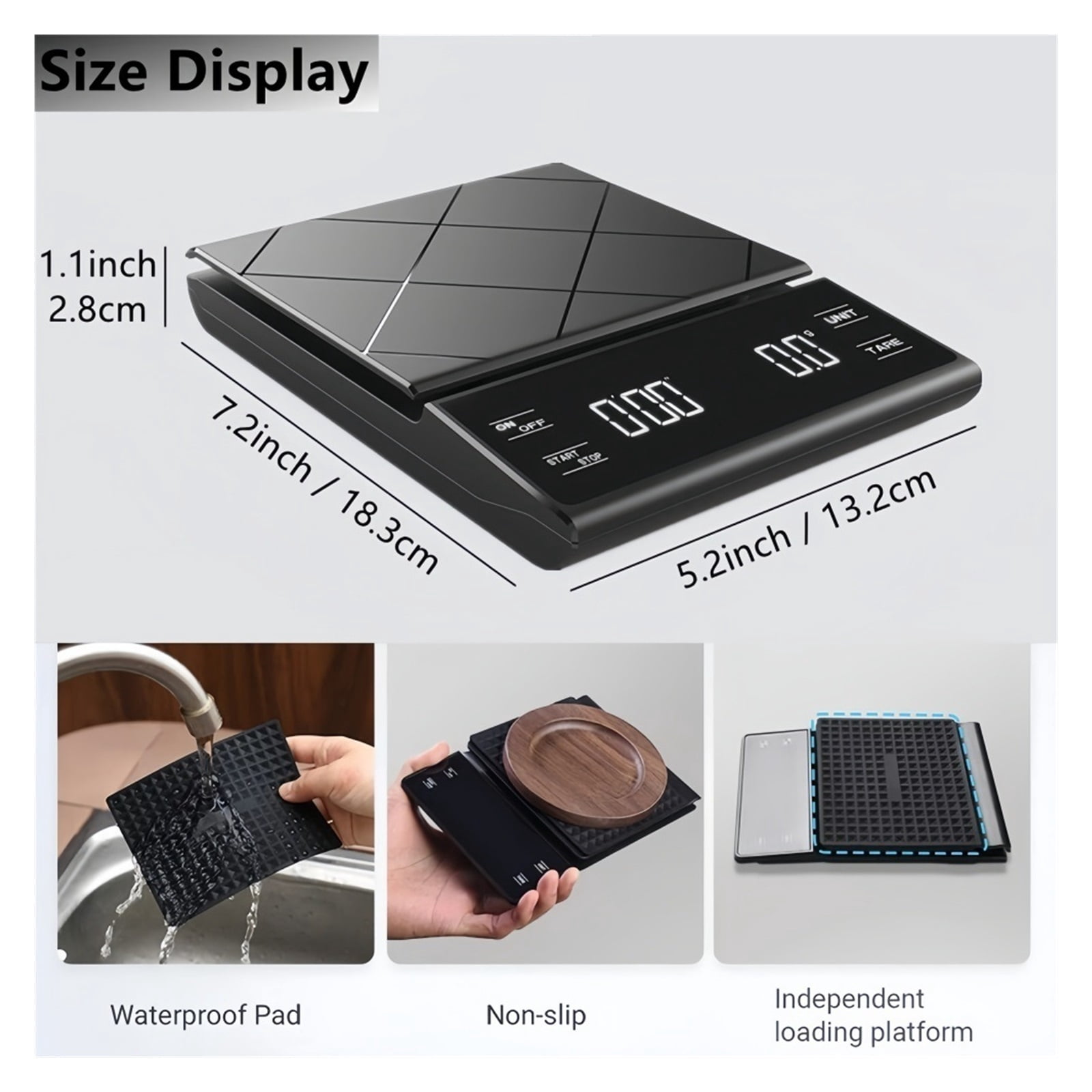 Electronic Coffee Scale with Silicone Pad Digital Food Scale with Timer Precision Portable 3kg ,Multi Measuring Units