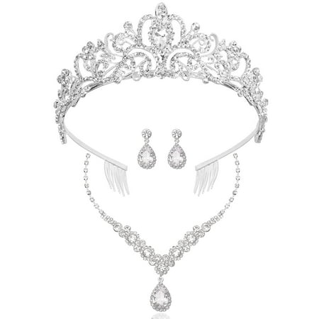COCIDE Silver Jewelry Set for Women Crystal Tiara and Necklace Kit for Girls Rhinestone Crown Earrings Neck Accessories for Bride Wedding Party Bridal Prom Bridesmaid Dress up