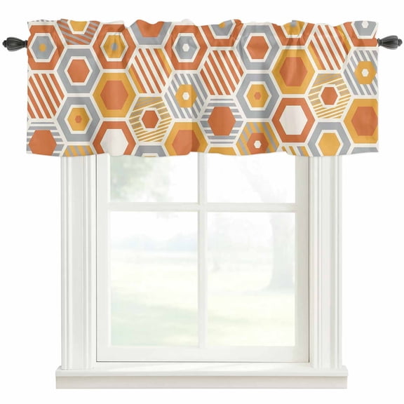 Orange Gray Hexagon Window Valance Curtain Abstract Geometric Stripes Rod Pocket Valance for Windows Short Curtain for Living Room, Bedroom & Kitchen Window Decor 42x12in