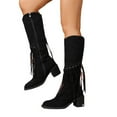 thumbnail image 6 of Juebong Fringe Suede Knee High Boots for Women Tassel Chunky Block Low Heel Warm Winter Mid Calf Boots Black,43, 6 of 8
