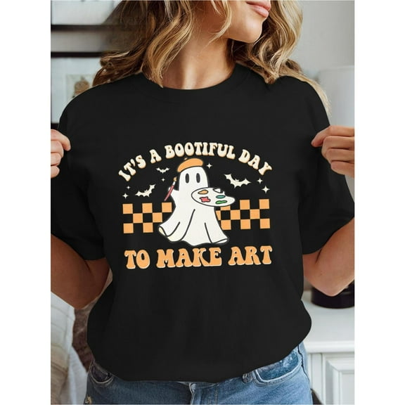 Create Cotton Ghost Plaid Graphic for Art Teachers Tee T Shirt Top Short Sleeve Round Neck Black S-5XL