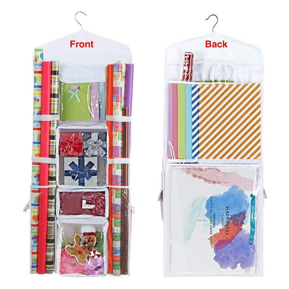 ProPik Hanging Double Sided Wrapping Paper Storage Organizer With Multiple Front And Back Pockets Organize Your Gift Wrap & Gift Bags Bows Ribbons 40â€X17 Fits 40 Inch Rolls (White)
