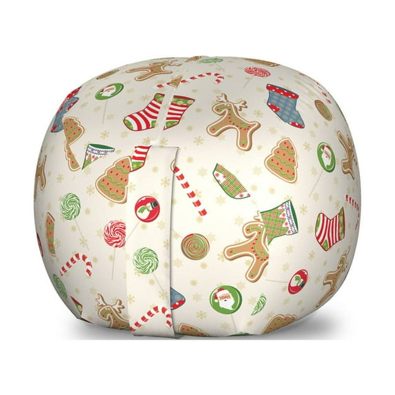 Christmas Storage Toy Bag Chair, Traditional Sweets of Xmas Party Gingerbread Cookies Lollipop Candies with Socks, Stuffed Animal Organizer Washable Bag, Small Size, Multicolor, by Ambesonne