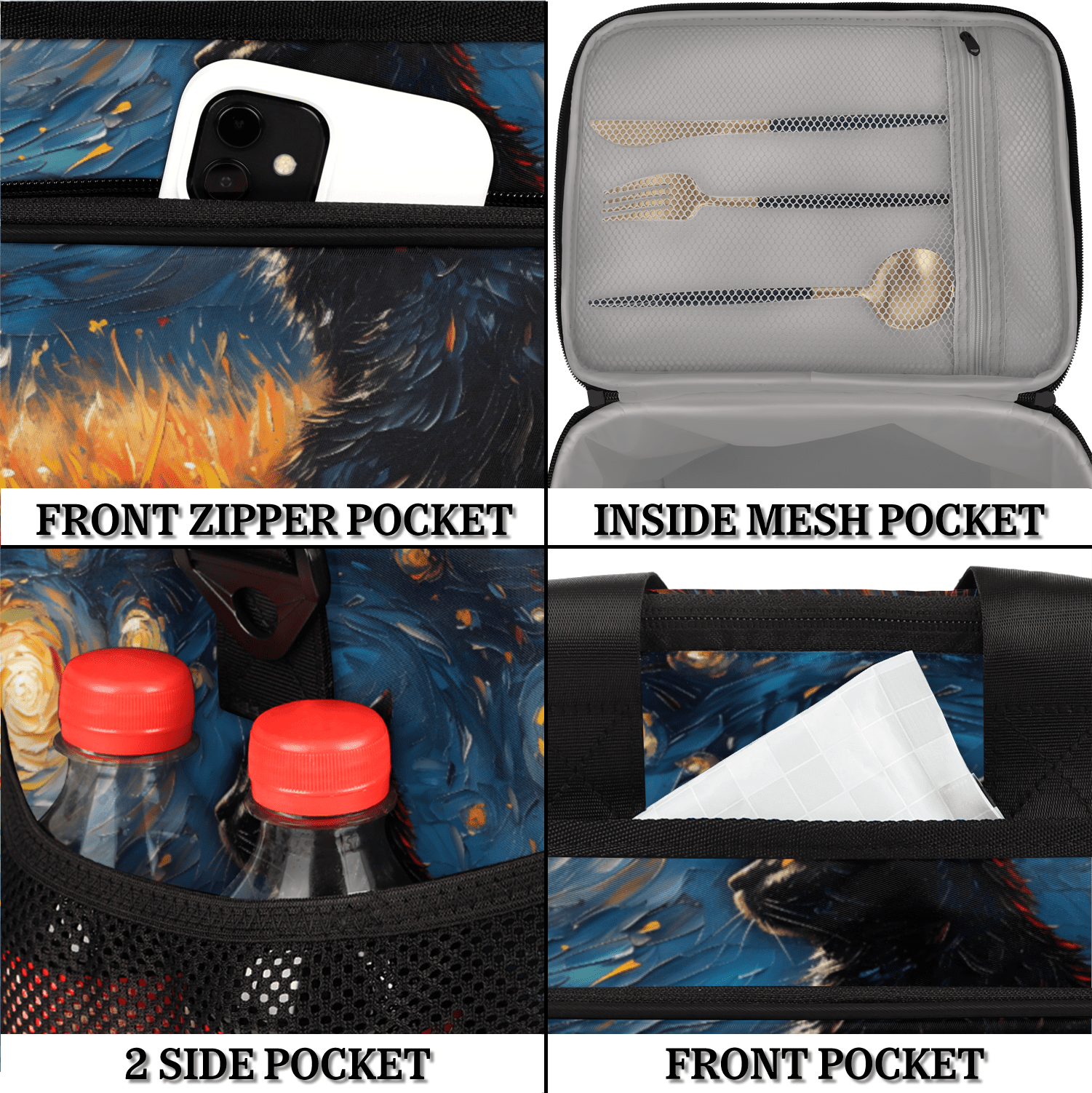 Herdesigns Night Black Cat Large Lunch Box for Adults Women Men with Adjustable Shoulder Strap, Insulated Reusable Lunch Bag Leakproof Cooler Tote Bag