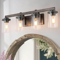 LNC 4-Light Black Cylinder Clear Glass Modern Farmhouse Wood Tone Bathroom Vanity Light