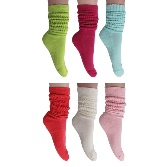 Colorful Heavy Cotton Slouch Socks 6 Pairs Shoe Size 5 to 10 (Almond Green-Fuchsia-Mint-Hot Pink-Ivory-Pink)