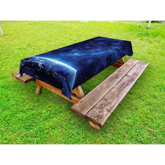 Space Outdoor Tablecloth, Earth at Night from Deep Atmosphere Vibrant Milky Way Starfield Ecliptic Scene Print, Decorative Washable Fabric Picnic Tablecloth, 58 X 104 Inches, Dark Blue, by Ambesonne