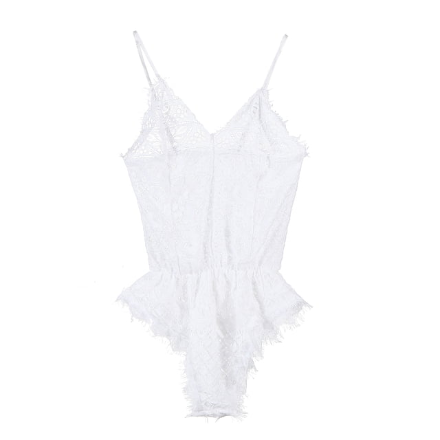 VISgogo Lencería de peluche para mujer, Body de una pieza Babydoll, Ropa de dormir con escote en V profundo y elástico hueco de encaje, Ropa de dormir sexy con tirantes VISgogo moda