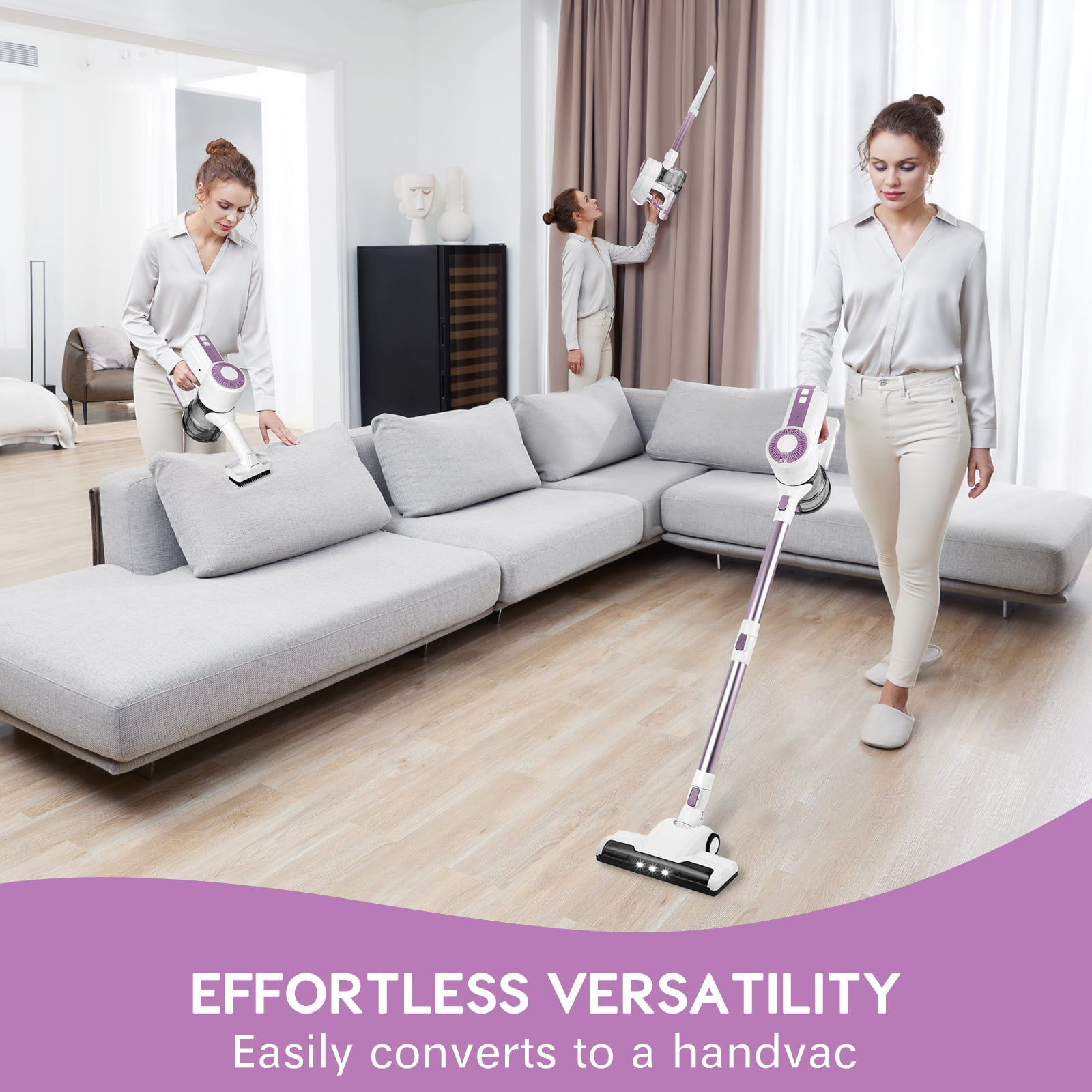 MOOSOO Stick Vacuum Cleaner, 30Kpa Powerful Suction Cordless Vacuum with Headlight Motorized Brush, Self-Standing for Hard Floor, Carpet Pet Hair, Pink