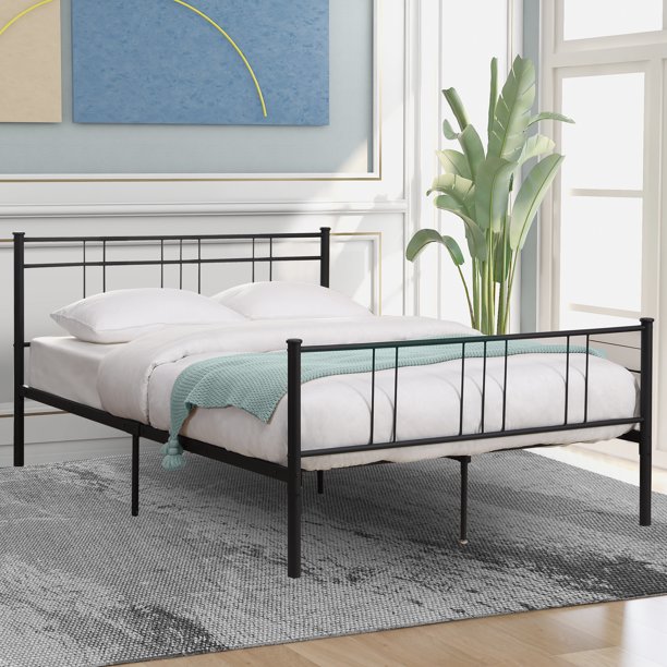 SEVENTH FullSize Platform Bed, Black Metal Full Bed Frame with Steel