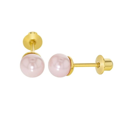 18k Gold Plated Rose Pink Simulated Pearl 5mm Screw Back Earrings Little Girls