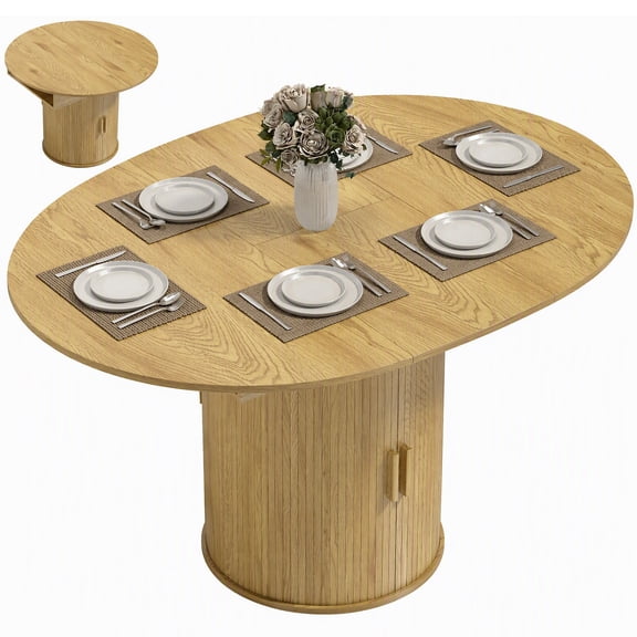 HOMCOM Extendable Dining Table for 6, 60 Inch Farmhouse Oval Kitchen Table with 2-Tier Storage Shelf and Fluted Sliding Doors, Natural Wood