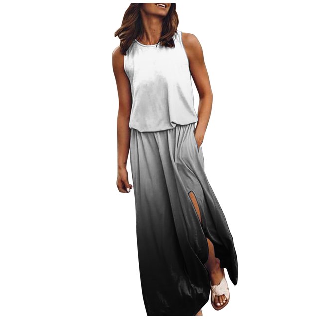 B91xZ 2024 Robes d'Été Décontractées pour Femmes Sans Manches Col Rond Taille Haute à Volants Robe Trapèze Mini, Noir TG