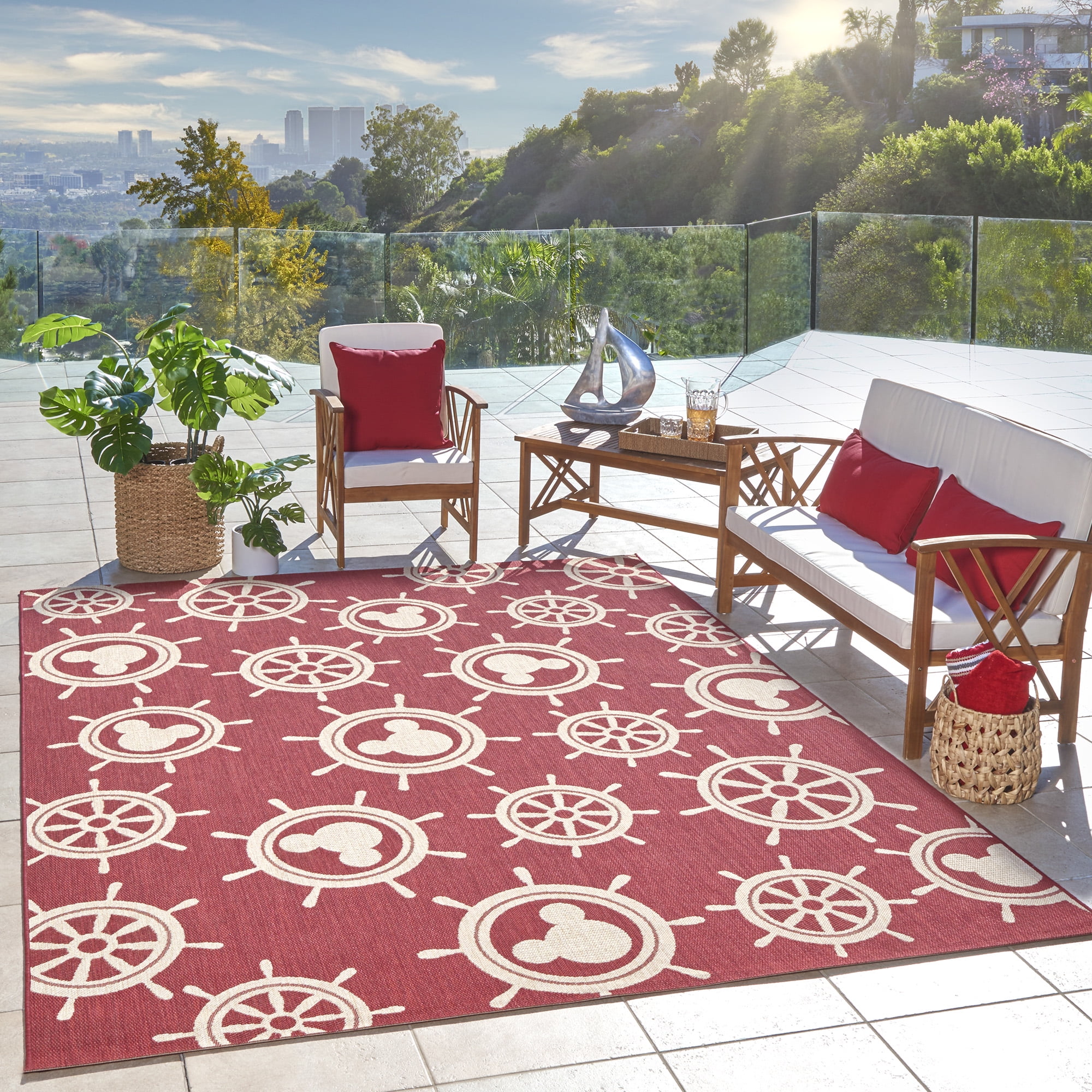 Disney Outdoor Mickey Mouse Maritime Coastal Geometric Red Area Rug, 8x10