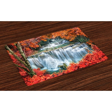 

Waterfall Placemats Set of 4 Waterfalls Like Stairs in Forest Hidden in the Botanic Seasonal Trees Washable Fabric Place Mats for Dining Room Kitchen Table Decor Orange Red and White by Ambesonne