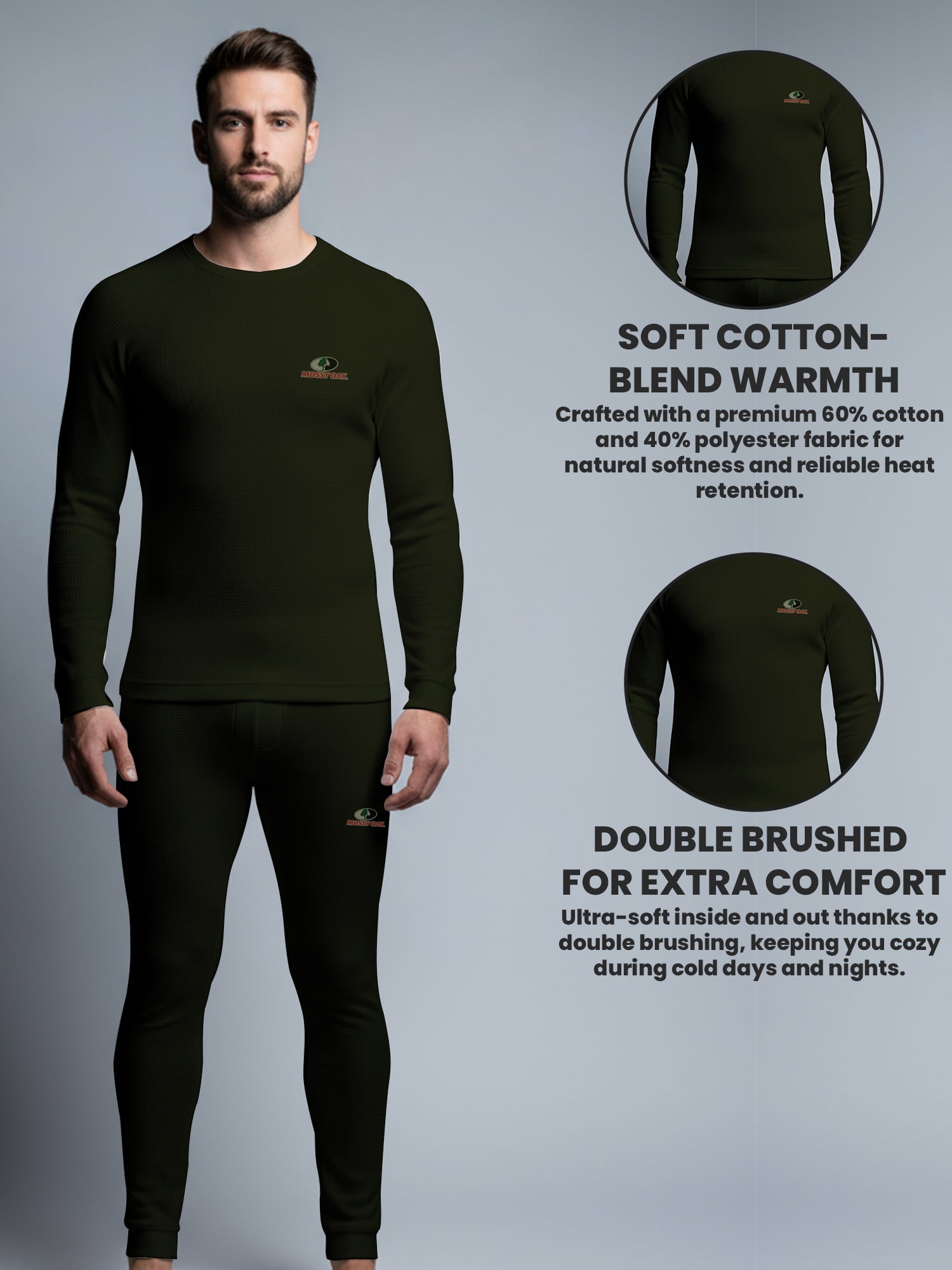 Mossy Oak Mens Thermal Underwear Set Insulated Shirt & Long Johns, Forest Night Small