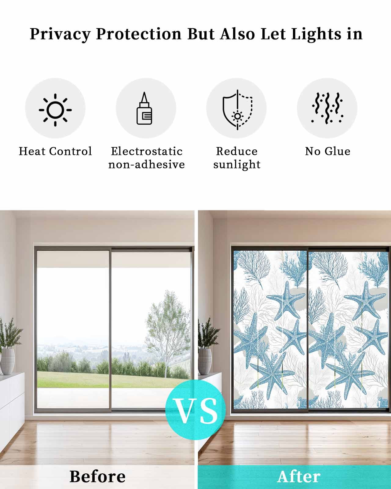 Window Privacy Film Blue Starfish Coastal Stained Glass Window Film Decorative Sun Block Window Cover Nautical Summer Beach Coral Ocean Window Clings Static Adhesive Sticker for Bathroom 23.6"x59"
