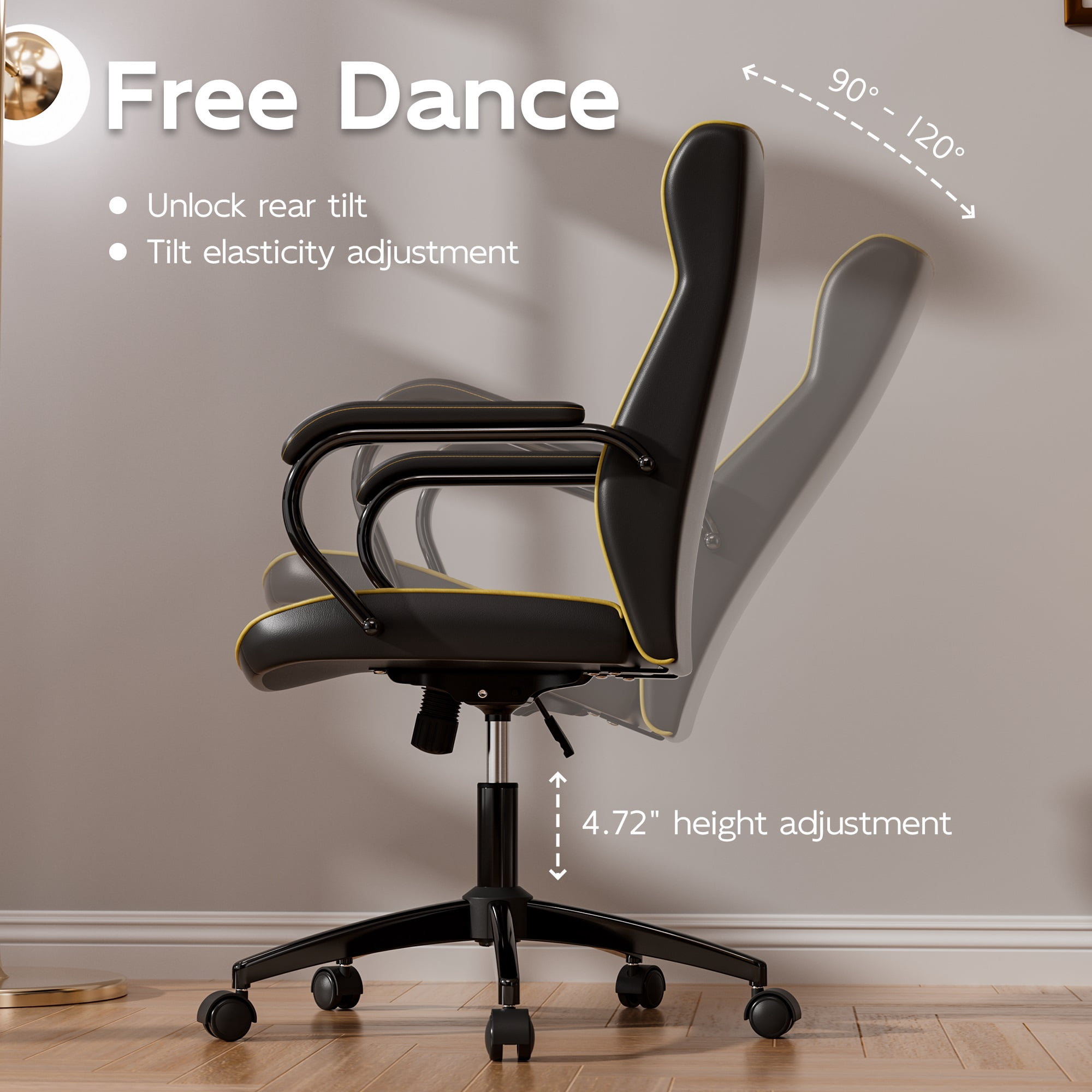 Ninecer Black Office Chair with Soft Leather Embroidery, Mid Back Vintage Swivel Executive Desk Chair with Wheels and Padded Arms, Adjustable Height