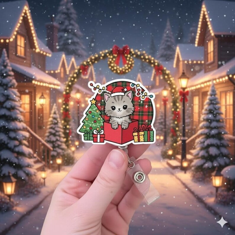 TiniDecor Christmas Cat Badge Reel, Retractable ID Holder, Cute Holiday Gift for Nurses