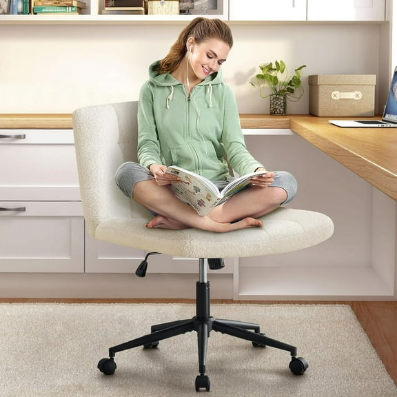 Criss Cross Chair with Wheels, Wide Seat Office Desk Chair with Soft Sherpa Fabric Height Adjustment, Armless Swivel Rolling Vanity Chairs for Home Office/Livingroom, Study Room,Beige