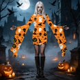 thumbnail image 2 of yboeqw Women Halloween Pumpkin Face Graphic Print Bodycon Mini Dress Oversized Flared Long Sleeve Gothic Witch Cosplay Party Costume Dresses Size M, 2 of 6