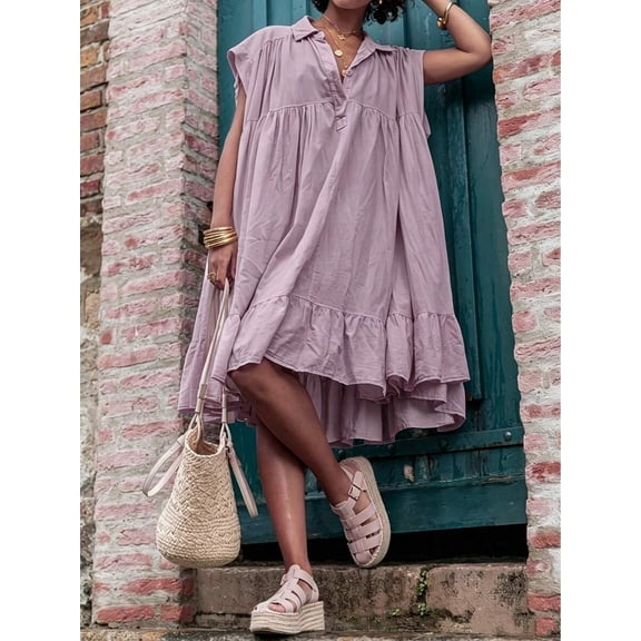 Plus Size Bohemian Red Bean Paste Color Ultra Loose Doll Dress, Casual