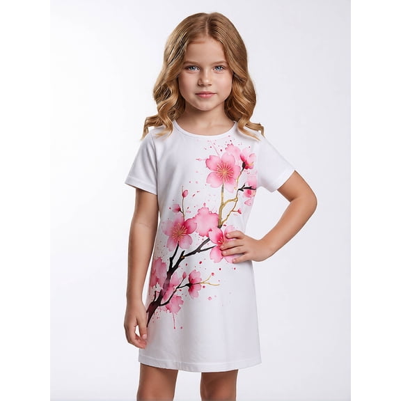 Kids Versatile Short Sleeve Dress Comfort-Fit Crewneck Play Dress for Girls Young Girls Age 5-13 Basic Design
