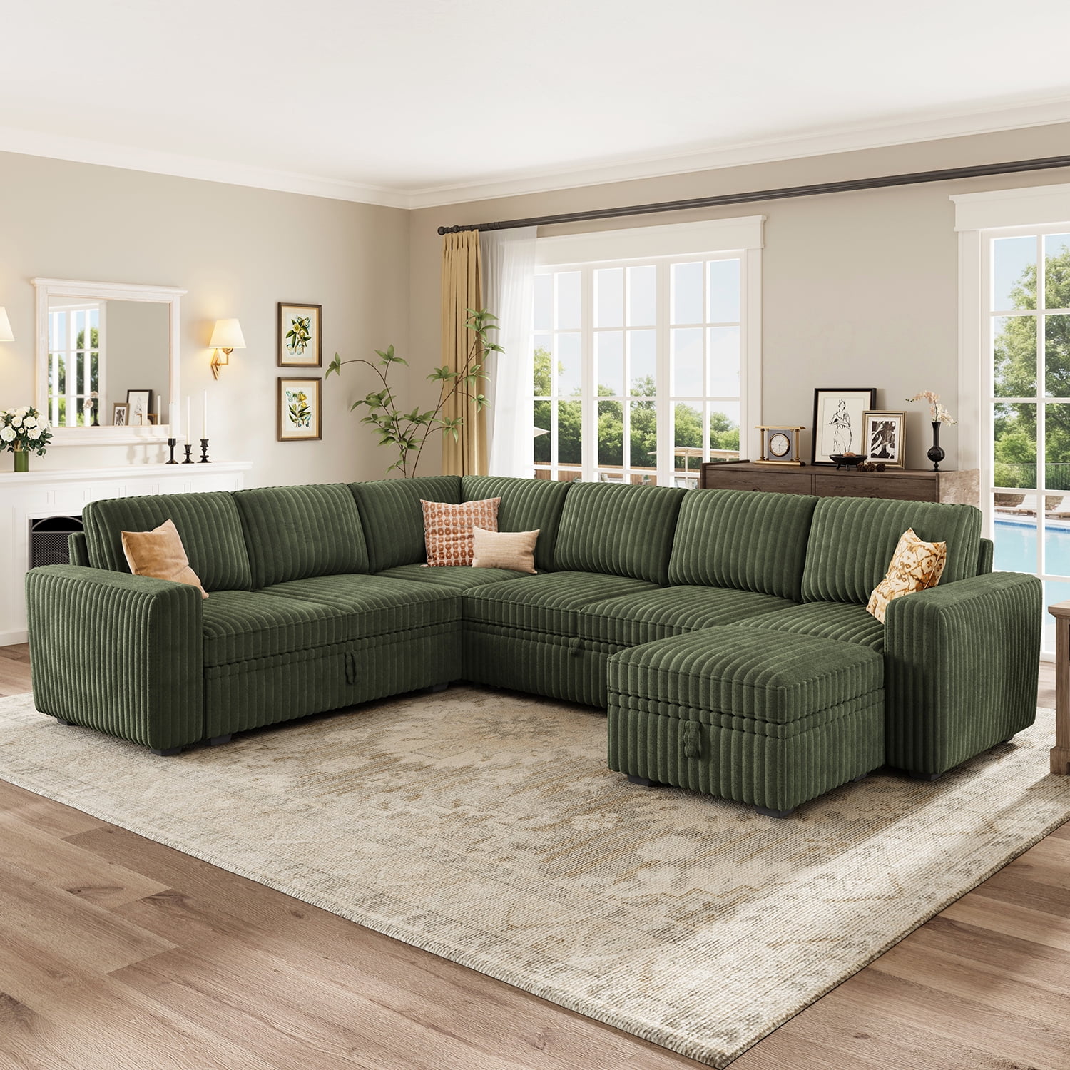 Marrber 106" U-Shaped Sectional Sleeper Sofa, 7-Seater Modular with Pull-Out Bed & Hidden Storage, Pet-Friendly Corduroy Fabric, Green