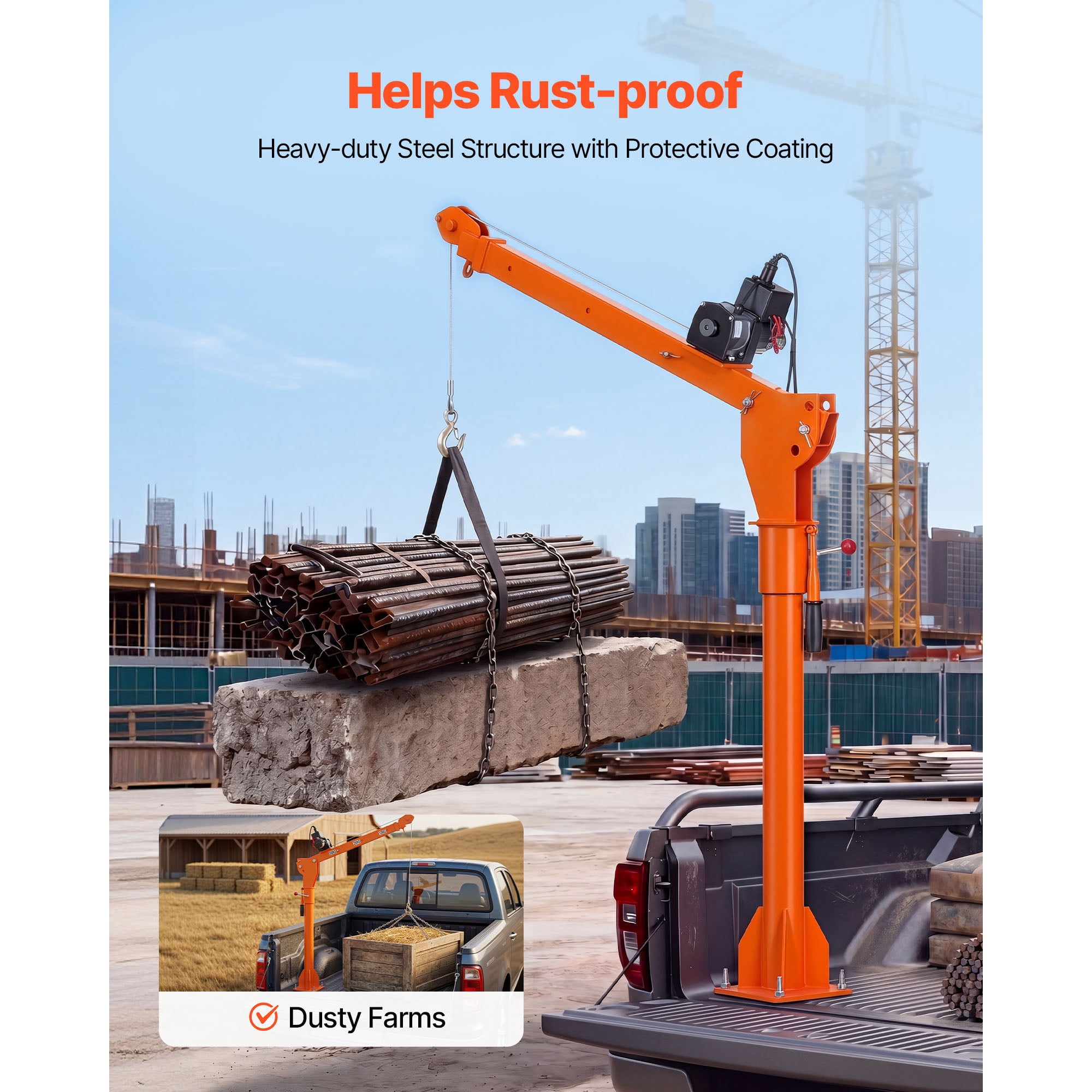 KFFKFF Electric Truck Crane, 1100 lbs Capacity with 12V 3000 lbs Electric Winch, 360° Rotating Telescopic Boom, Durable Galvanized Steel Construction, Foldable Design for Lifting Machinery and Lumber