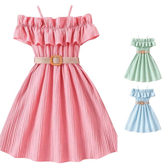 VNKIDY Girls Kids Off Shoulder Ruffle Trim Spaghetti Strap Textured Mini Dress Waist Belt Decor A Line Casual Summer Sundress For Child 10-11 Years