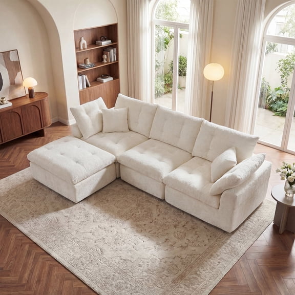 LazySunsets 112" Oversized Modular Sectional L Shaped Sofa, Wide & Deep Seat Boneless Cloud Couch With Multi-Purpose Round Pillow, No Assembly (White)