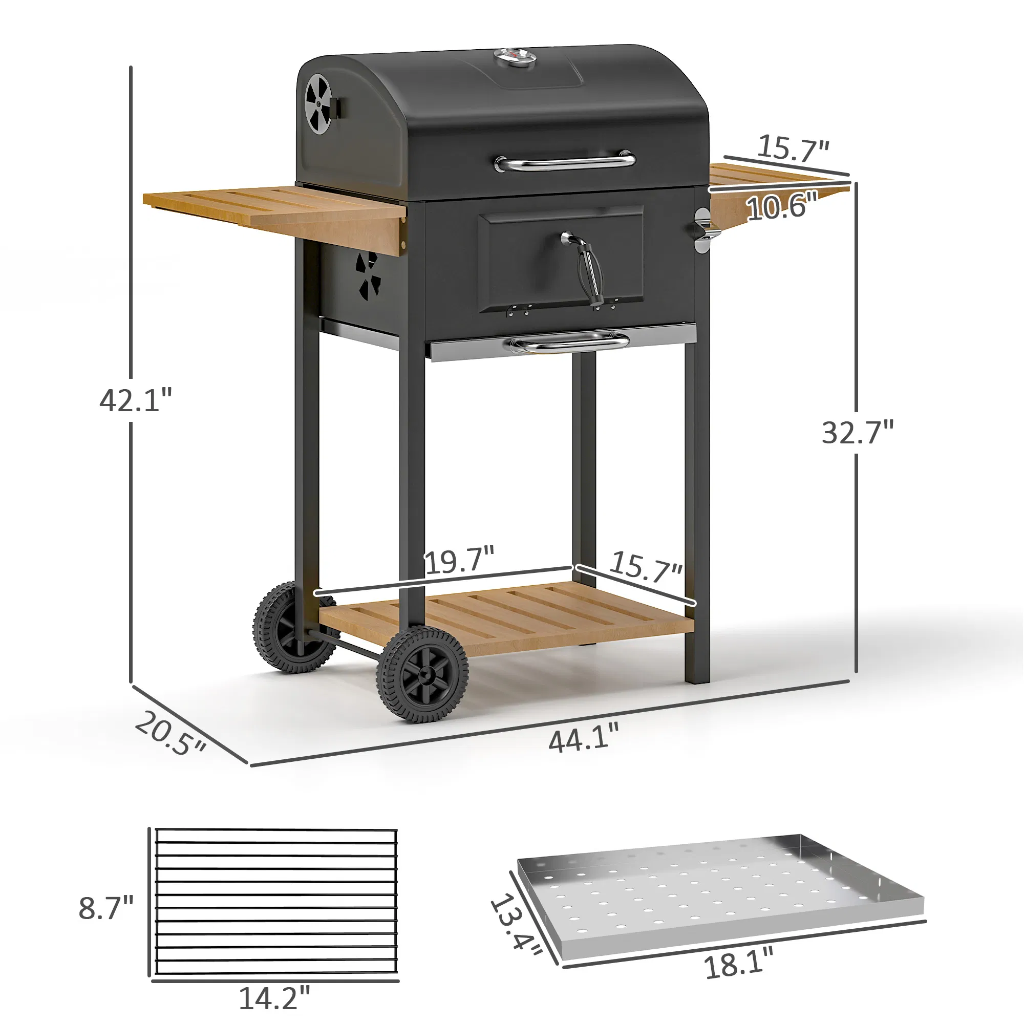 Charcoal BBQ Grill 245 Sq.In. Cooking Area, Outdoor Barbecue Grill with Adjustable Charcoal Pan, 3 Shelves, Thermometer & Wheels, Black for Patio Backyard Picnic