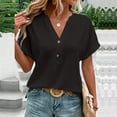 thumbnail image 4 of Bigersell V-Neck Button T-Shirt for Women Summer Tunic Tops Womens Tshirts V Neck Short Sleeve Buttons Tops Tee Solid Color Casual Loose Fitted Blouse Shirts, T-15, Black, S, 4 of 7