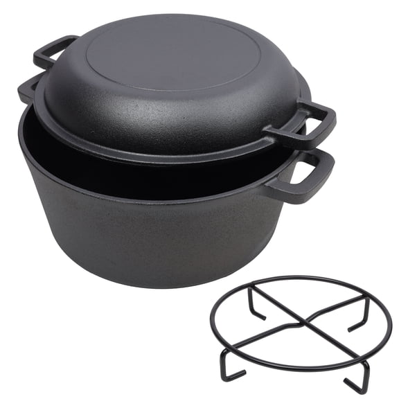 Outdoor Camping Deep Pot for BBQ, 2 in 1 Pre-Seasoned Cast Iron Dutch Oven with Dual Handles, 5 Quart Black Iron Cookware for Campfire Cooking