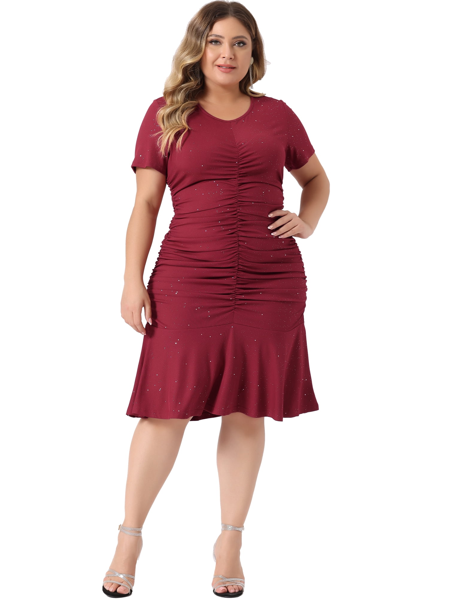 Unique Bargains Women Plus Size Ruffle Hem V Neck Short Sleeve Sequin Ruched Dresses 1X Burgundy