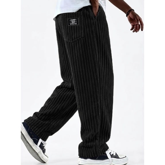 Zimjoy Mens Wide Leg Pants Corduroy Elastic Waistband Drawstring Pants Textured Loose Straight Trousers with Pockets, Black L