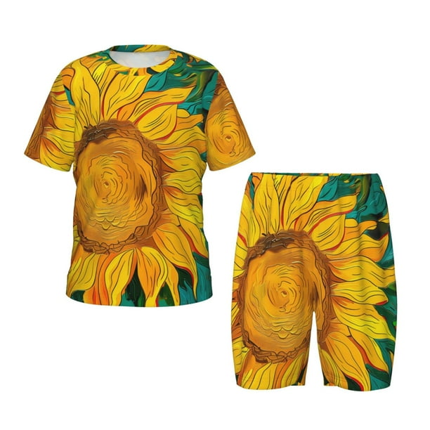 Fotbe Vibrant Sunflower Painting Pijama Estampada de 2 Piezas para Niños – Ropa de Dormir de Manga Corta Cómoda para Niños y Niñas, Camiseta y Shorts de Algodón-4X-Large