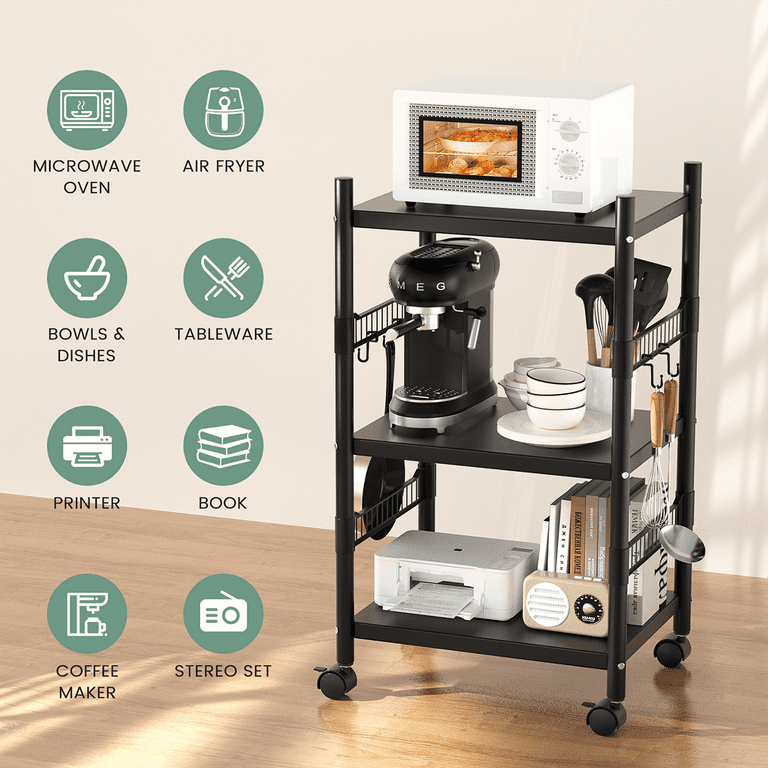 Kitchen Microwave Cart 3 Tier Kitchen Metal Utility Storage Rack Cart Rolling Bakers Rack Rolling Microwave Stand with 4 Hooks for Kitchen Living