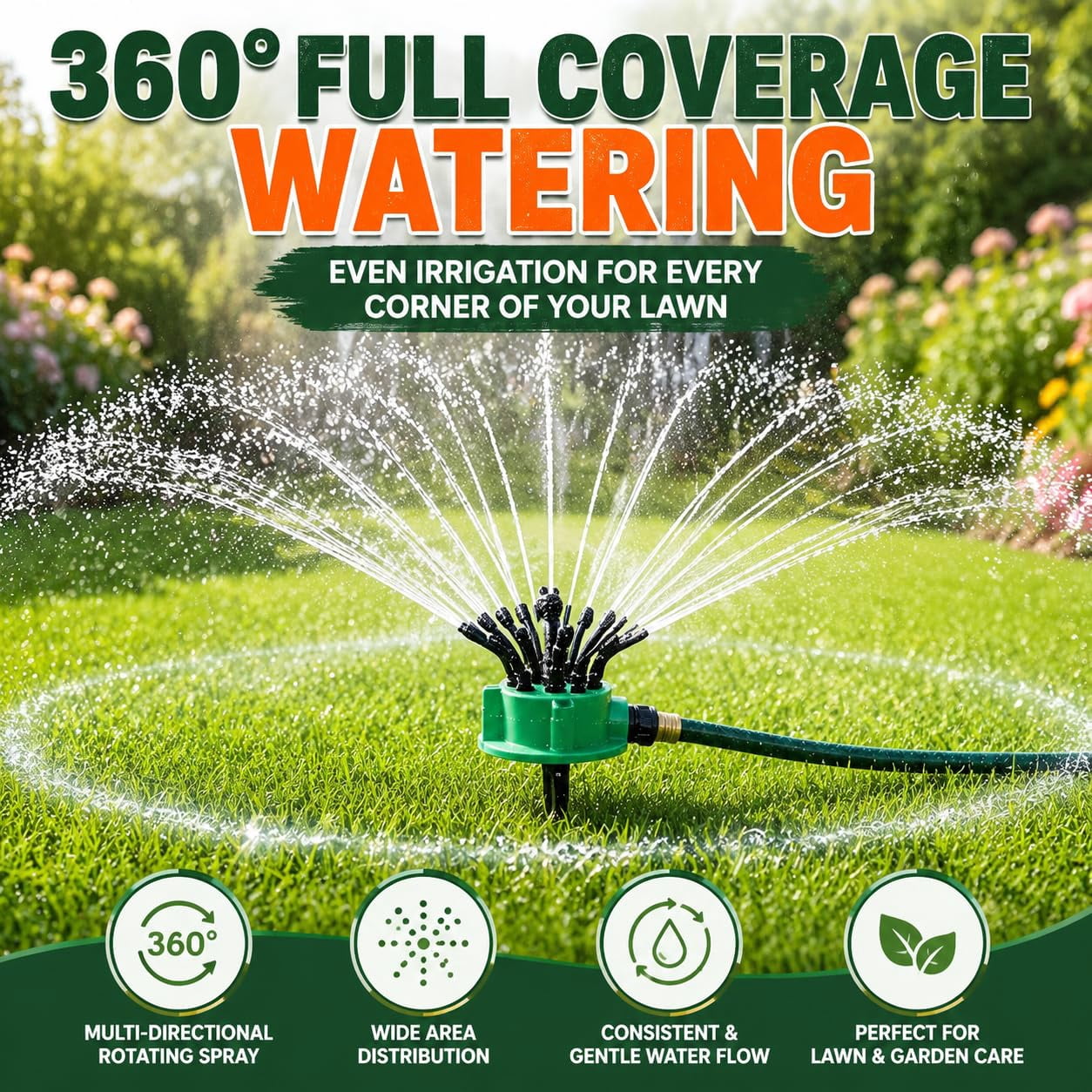 EVHRZN 360°Multi-Directional Lawn Sprinkler, Stable Rotating Garden Watering Tool with Flexible Spray Nozzles, Roof Cooling Sprinkler for Yard, Backyard, Flowers, Grass, and Outdoor Summer Play