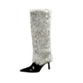 thumbnail image 2 of YOUYEDIAN Womens Furry Boots Knee High Fold Over Tall Boot Wide Calf Pointed Toe Stiletto High Heel Fall Winter Boots for Women Gray, 2 of 5