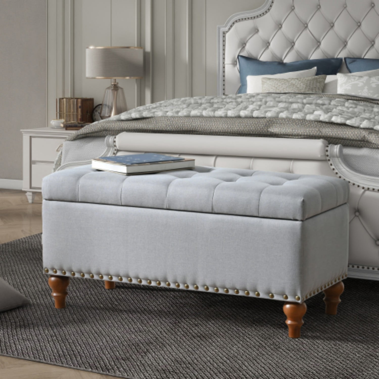 Storage Ottoman Bench with Hinged Lid, Linen Upholstered Footrest with Hidden Storage, Bedroom Entryway Living Room Bench, Grey