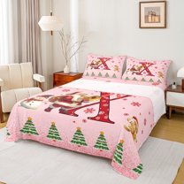 Manfei Girly Pink Christmas Bed Sheets for Child, Bowknot Monogrammed X King Sheets, Kawaii Xmas Tree Sheet Set, Super Cozy Room Decor, 4pcs