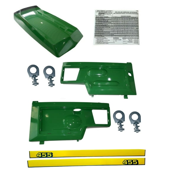 New Hood, Side Panels, amp, Decals and Panel Retaining Clip Kit AM128986 AM128983 AM128982 Fits John Deere 455 UP SN